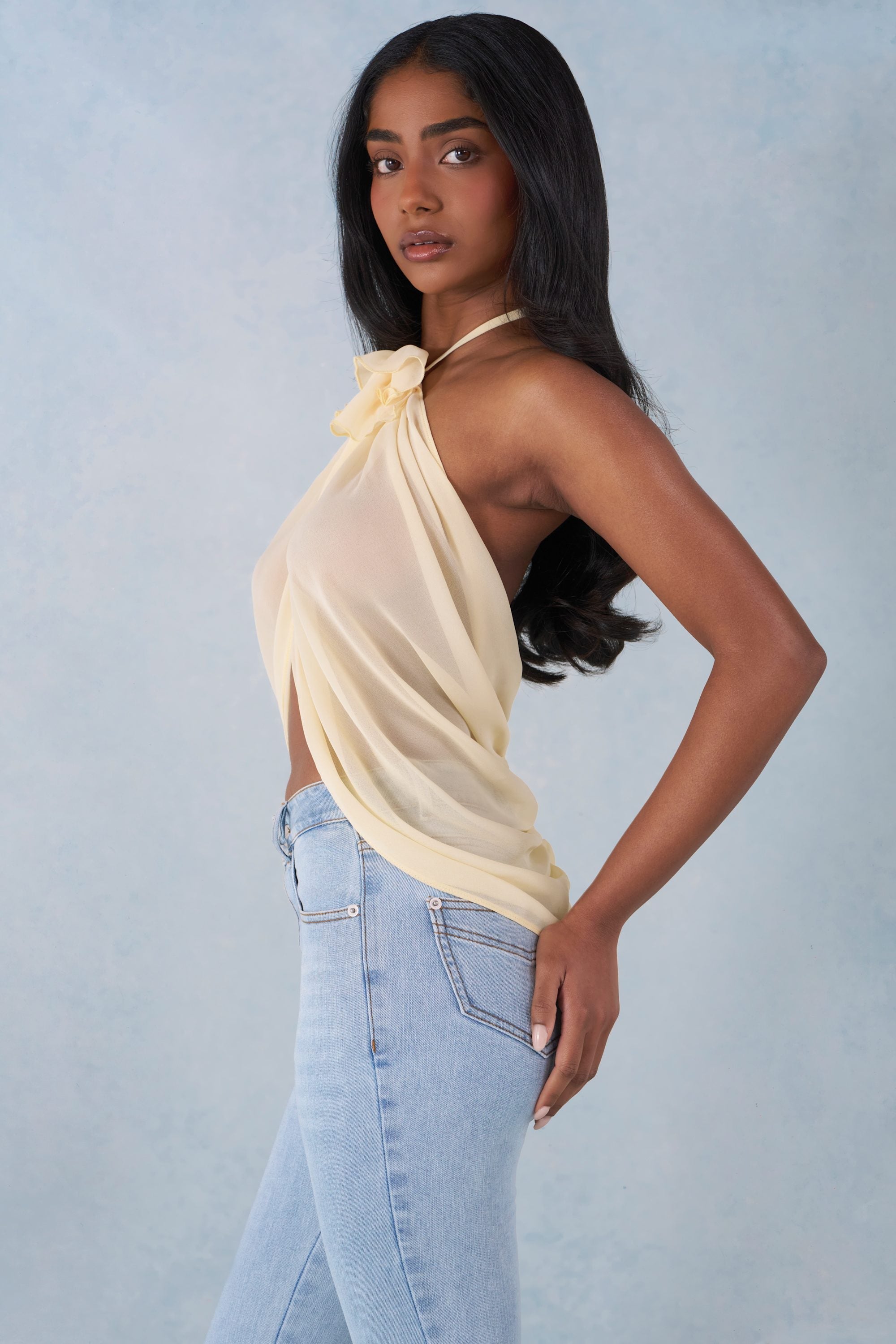 Halterneck Open-Front Top in Butter Yellow
