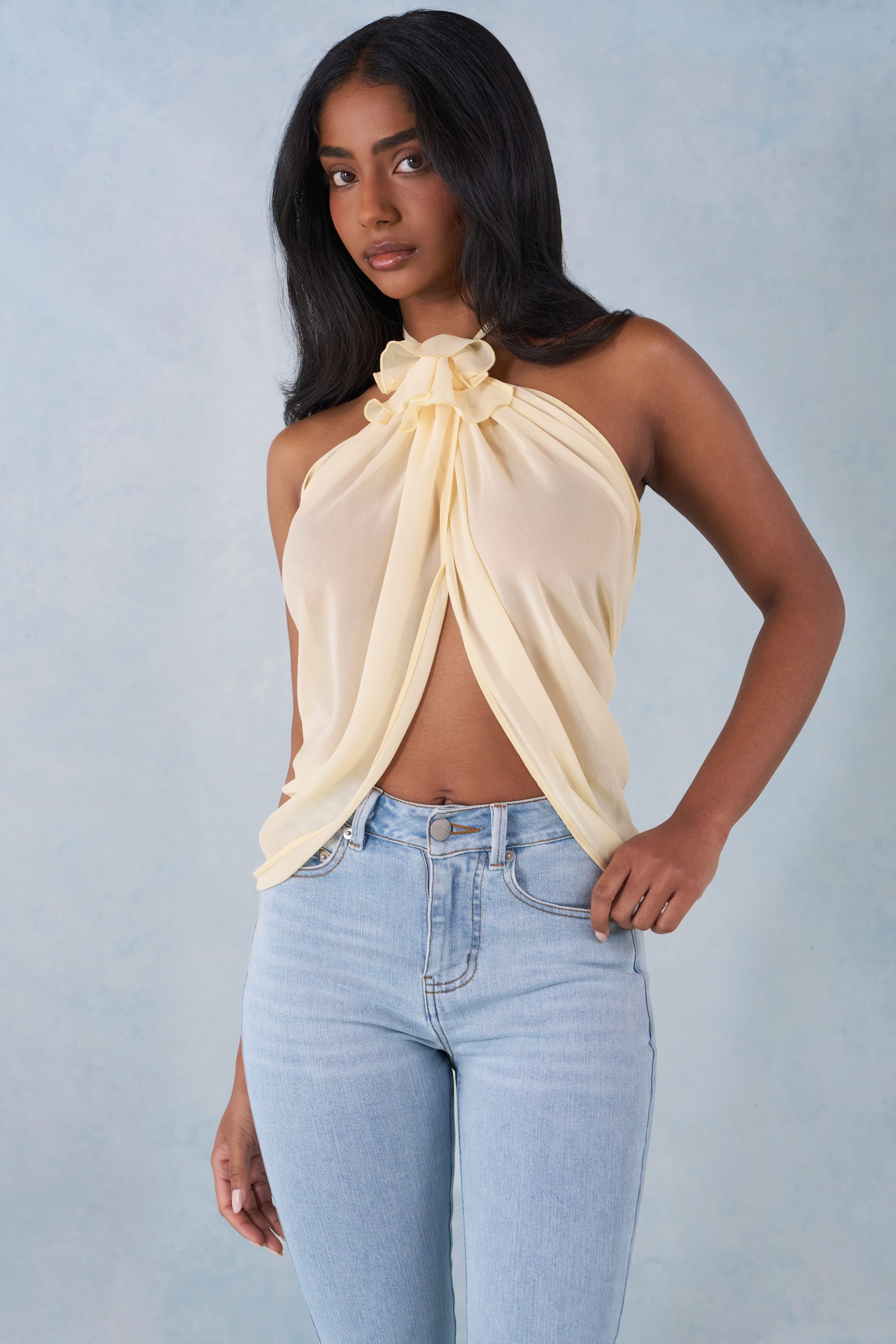 Halterneck Open-Front Top in Butter Yellow