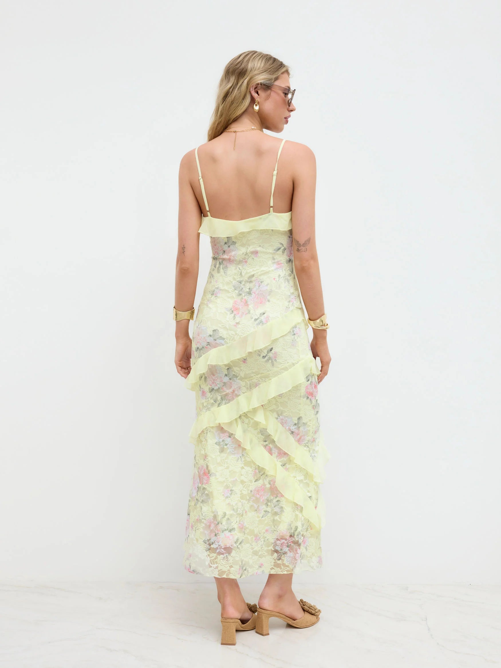 Lace V-neck Floral Ruffle Maxi Dress