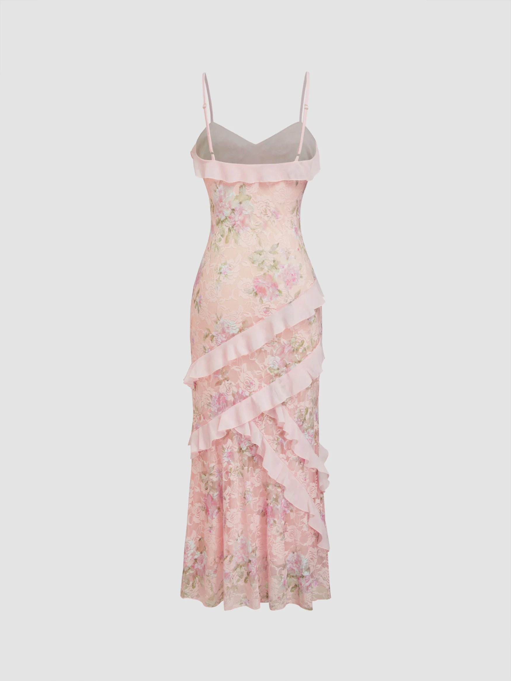 Lace V-neck Floral Ruffle Maxi Dress