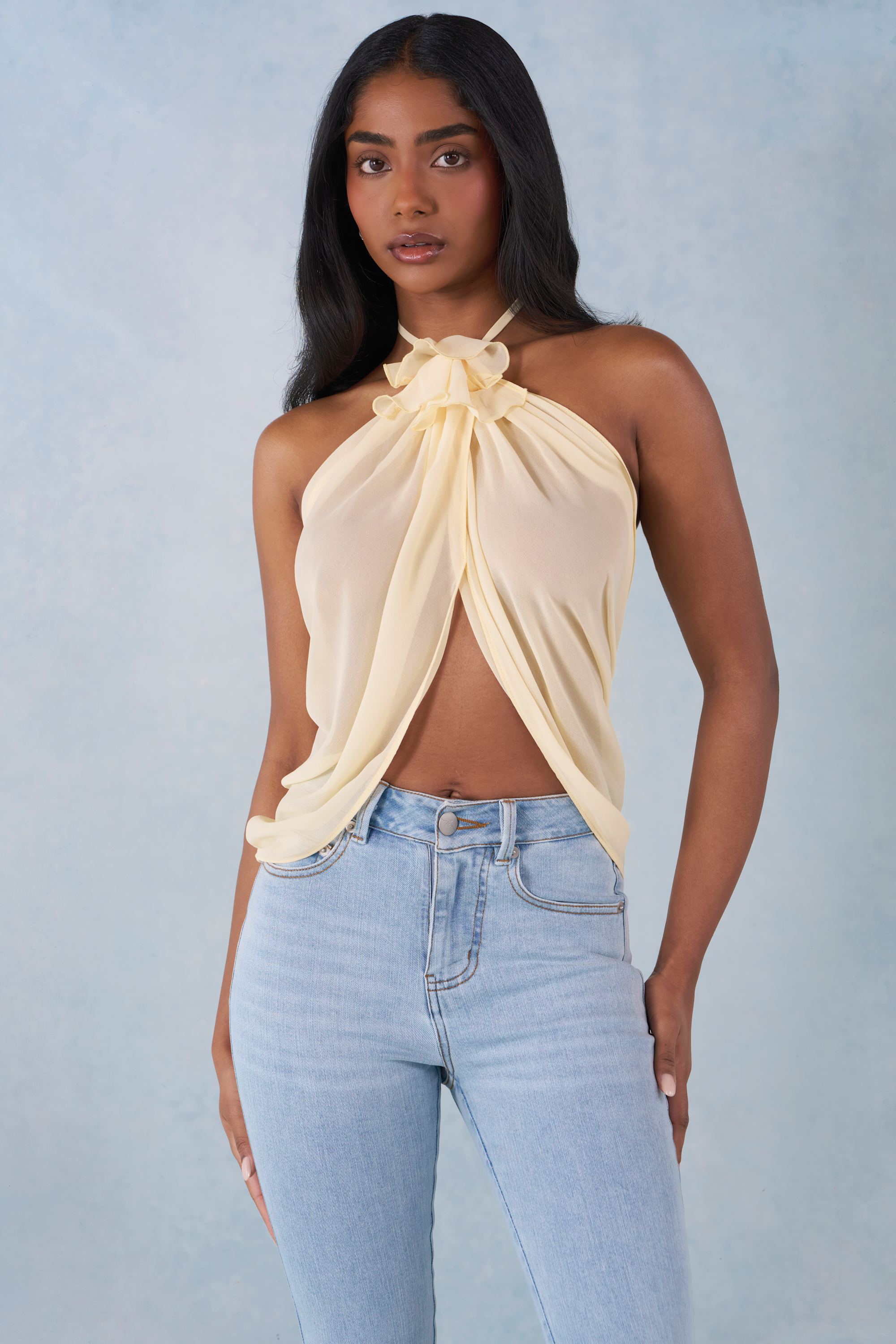 Halterneck Open-Front Top in Butter Yellow