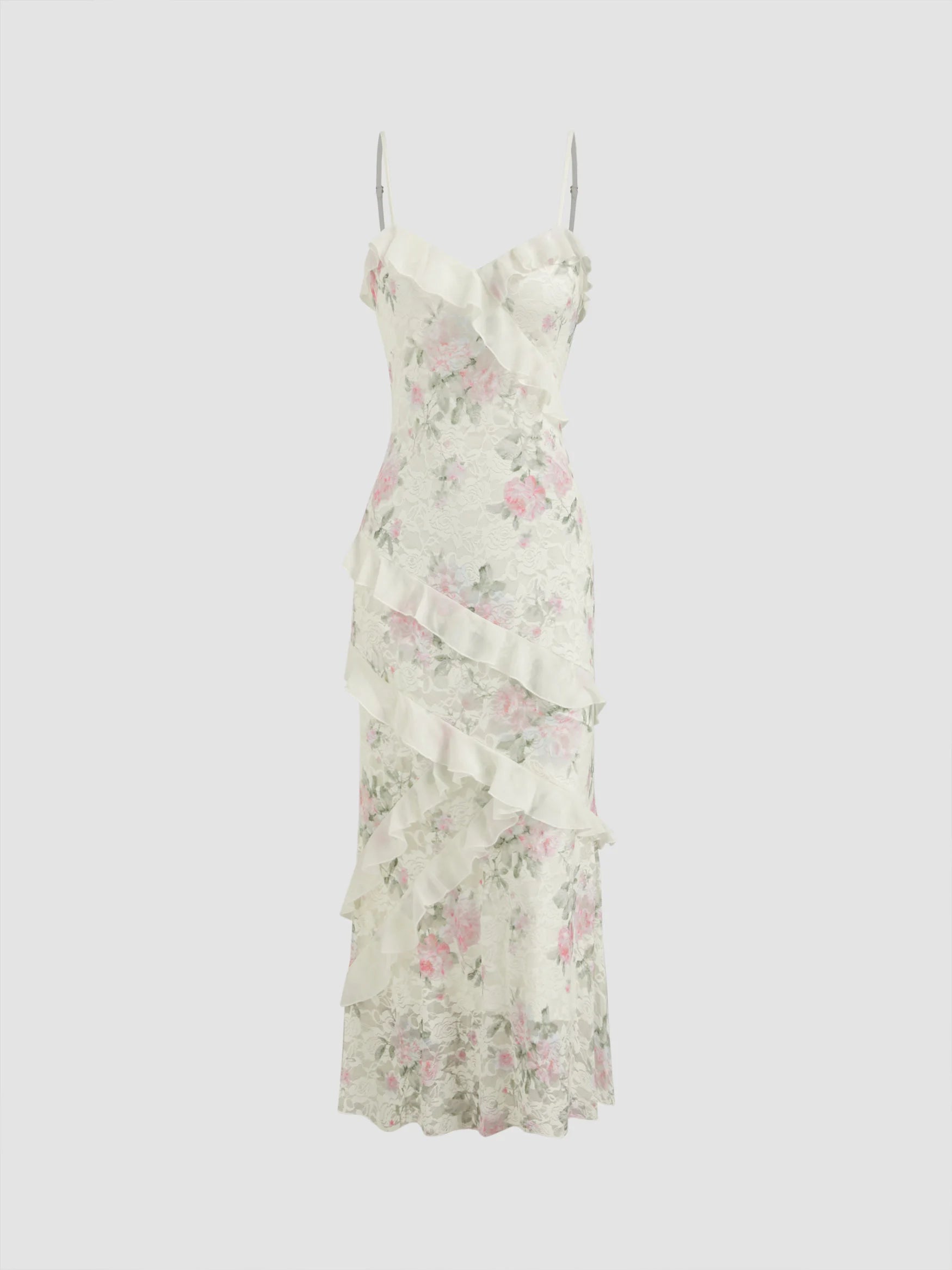 Lace V-neck Floral Ruffle Maxi Dress