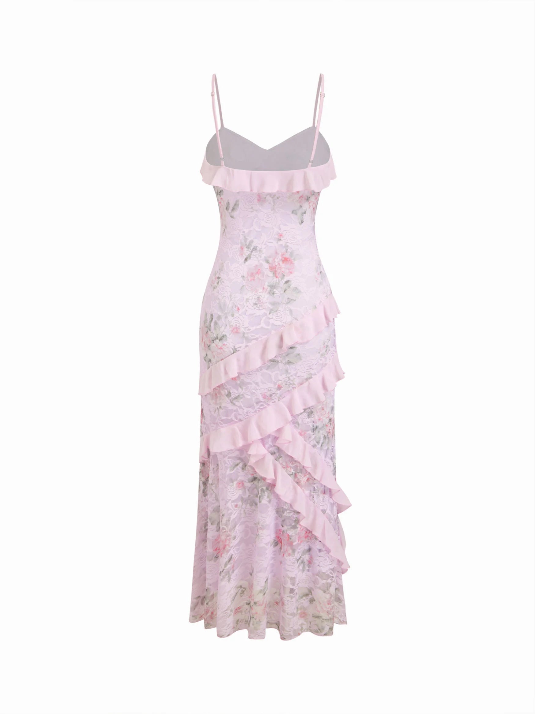 Lace V-neck Floral Ruffle Maxi Dress