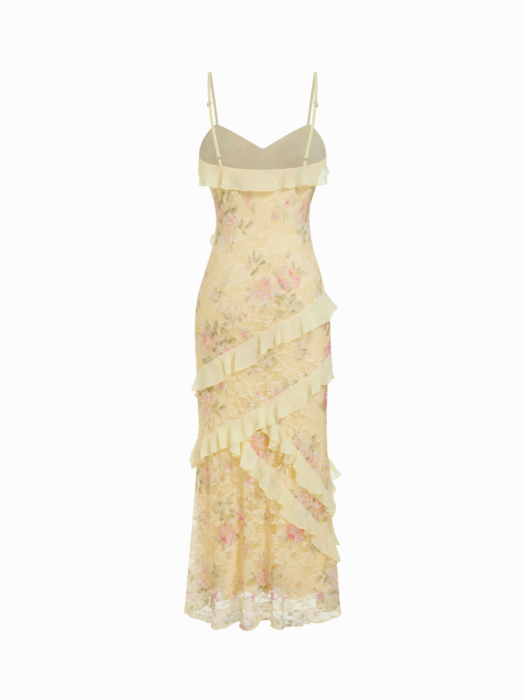 Lace V-neck Floral Ruffle Maxi Dress