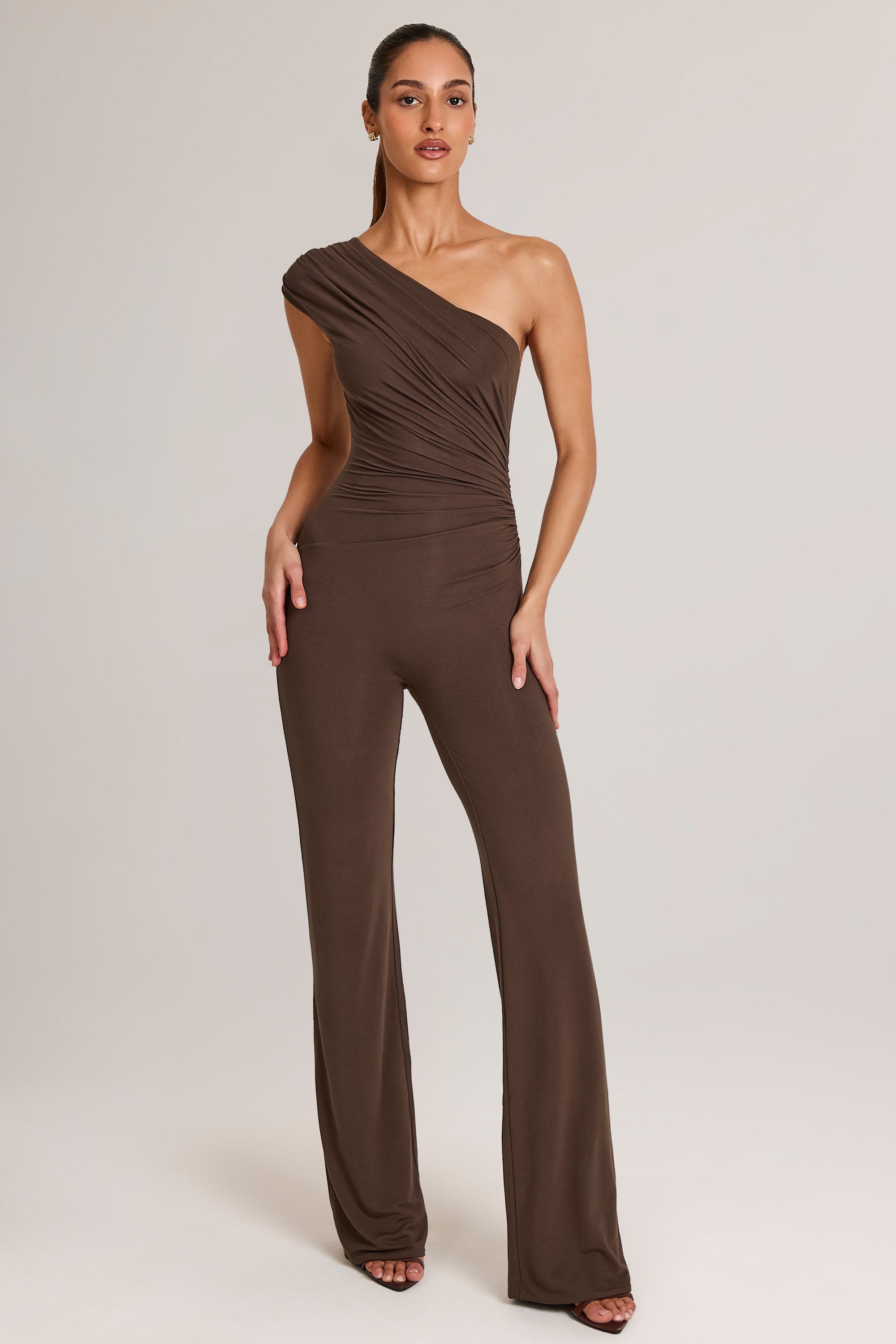 Emily One-Shoulder Jumpsuit in Chocolate Brown