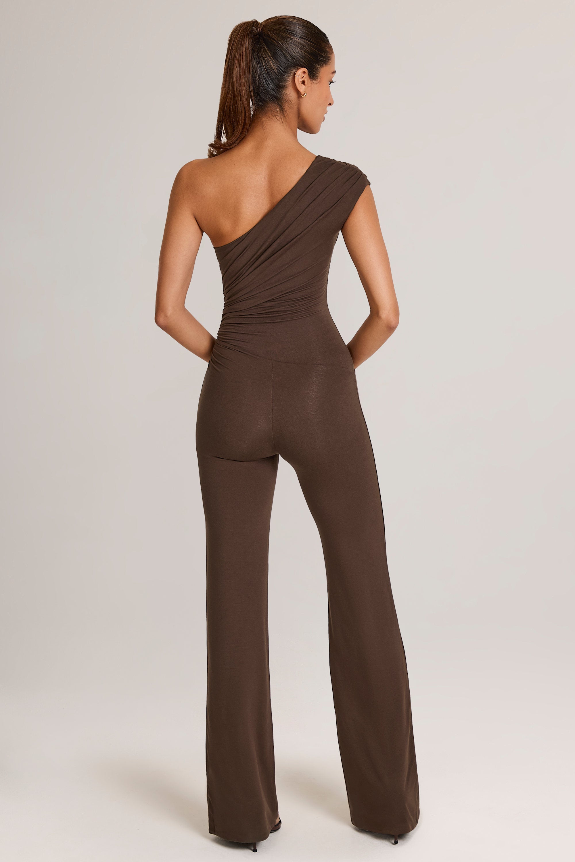 Emily One-Shoulder Jumpsuit in Chocolate Brown