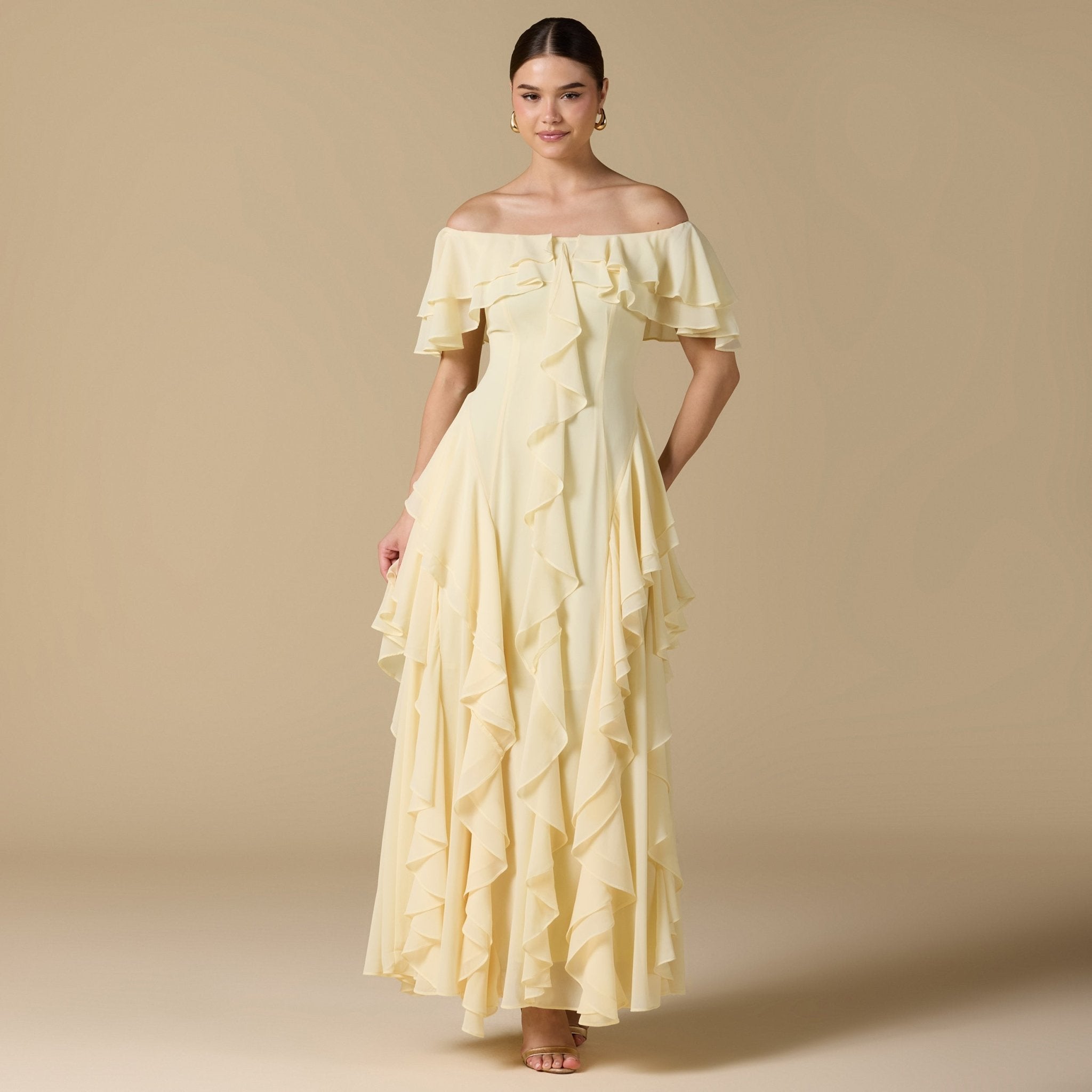 Chiffon Off Shoulder Maxi Dress With Ruffles